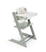 Muted Green wooden high chair with white tray and cushion on a white background
