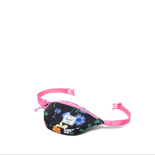 Floral-patterned waist bag for kids with pink straps on a white background