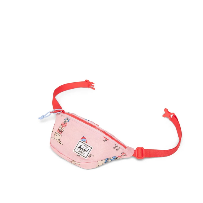 Pink fanny pack bag for kids with red straps on a white background