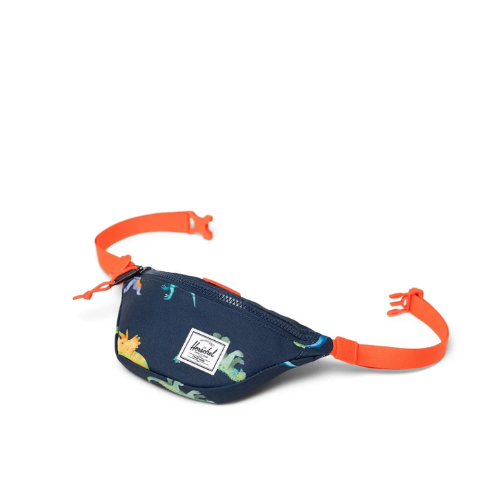 Navy fanny pack bag for kids with orange straps on a white background