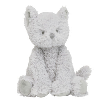 Plush gray cat toy on a white background