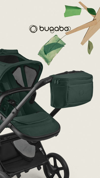 Green stroller with matching bag and 'bugaboo' logo  on a light background