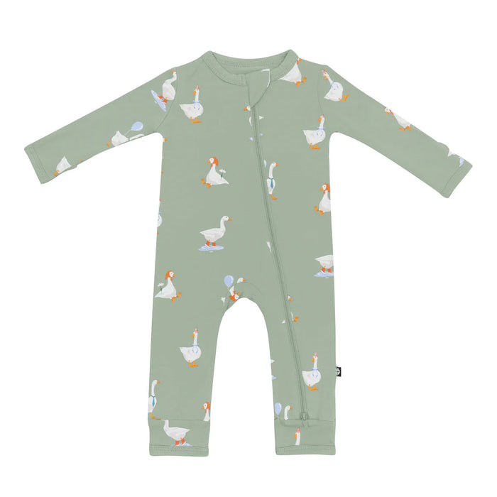 Green one piece infant romper with zipper with white geese pattern 
