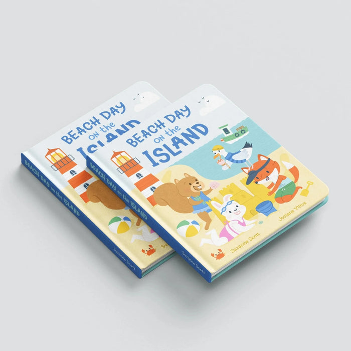 Two copies of a children's book titled 'Beach Day on the Island' on a light gray background
