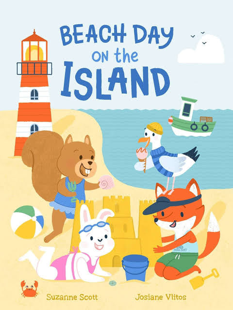 Book cover of 'Beach Day on the Island' with cartoon animals on a beach. Written by Suzanne Scott and illustrated by Josiane Vlios