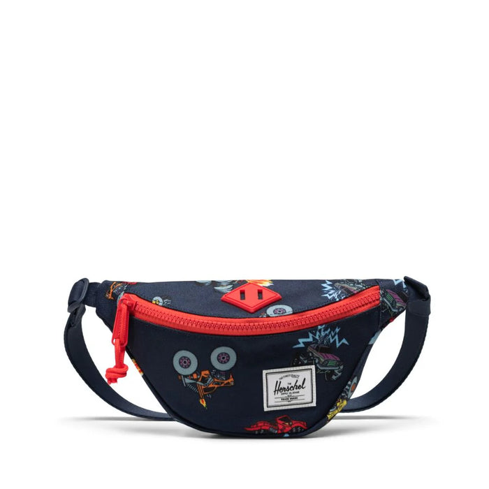 Navy waist bag with colorful designs and red zipper on a white background