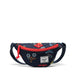 Navy waist bag with colorful designs and red zipper on a white background