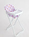 White high chair with a purple checkered cushion featuring red cherries on a light gray background