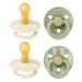 Two pairs of baby pacifiers in beige and green on a white background