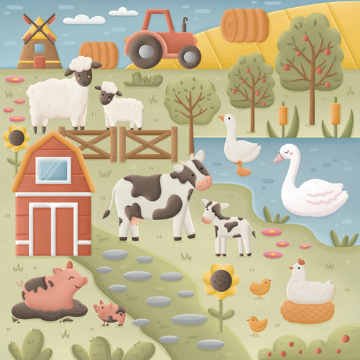 Illustration of a farm scene with animals and structures