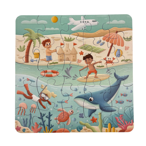 Children's puzzle with beach and ocean-themed illustrations on a white background