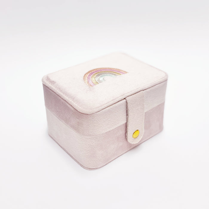 Pink Rockahula fabric storage box with a rainbow design on a white background