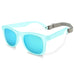 Blue sunglasses with a gray strap on a white background