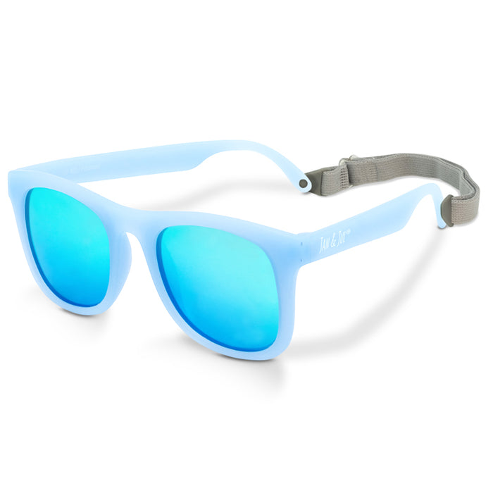 Blue sunglasses with a gray strap on a white background