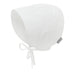 White eyelet baby bonnet with a bow on a white background