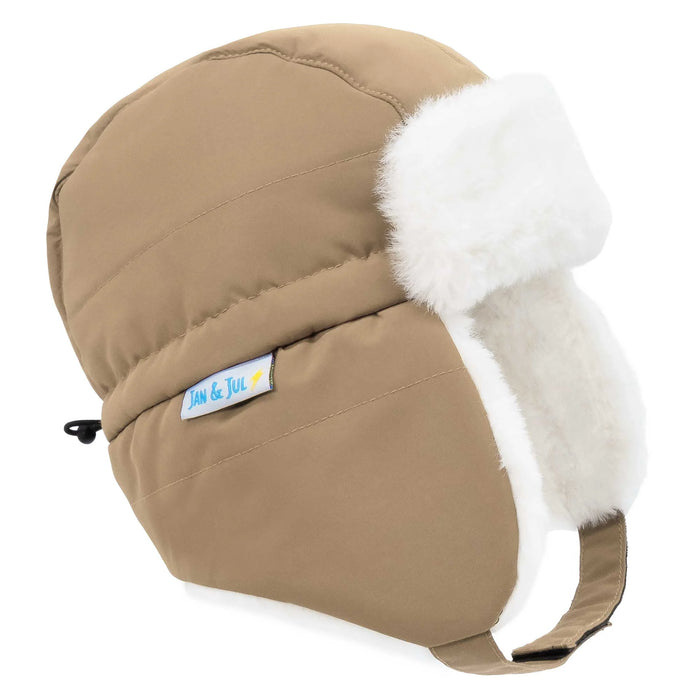 Brown winter hat with white fur trim on a white background