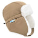 Brown winter hat with white fur trim on a white background