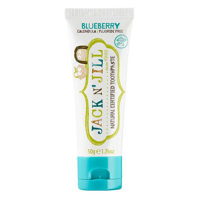 Jack N' Jill toothpaste tube with blueberry flavor on a white background