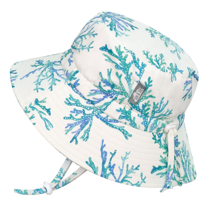 a coral design in blue and teal pattern children's hat on a white background 