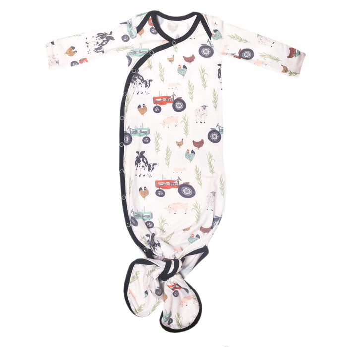 caption-Jo (Farm design with tractors, cows and chickens) Knotted Gown for Newborn Infant