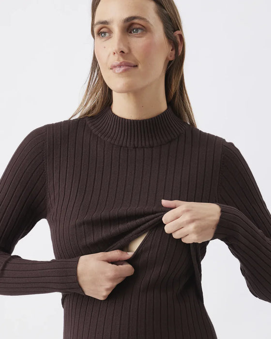 Nella Ribbed Knit Maternity and Nursing Dress - Cocoa