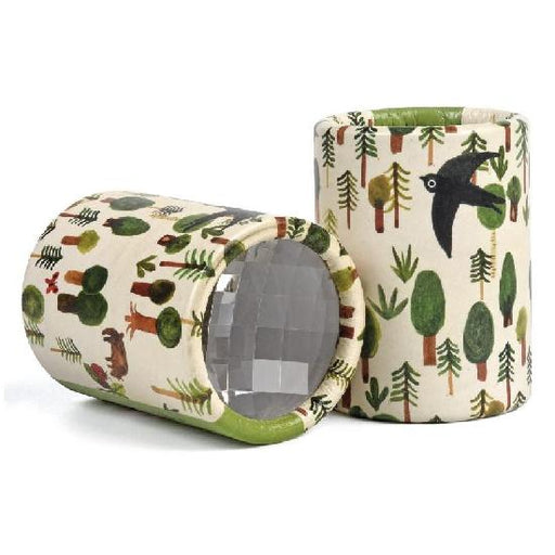 Two cylindrical kaleidoscopes with forest-themed patterns on a white background