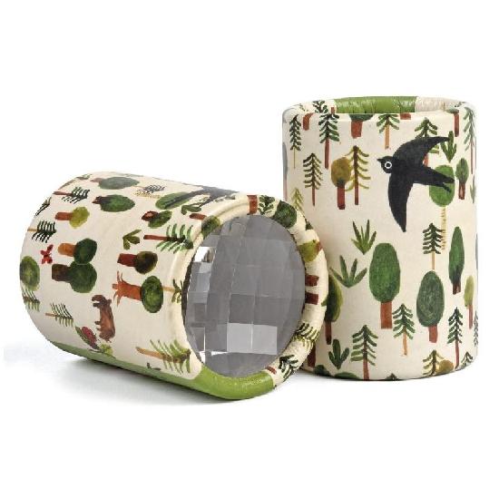 Two cylindrical kaleidoscopes with forest-themed patterns on a white background