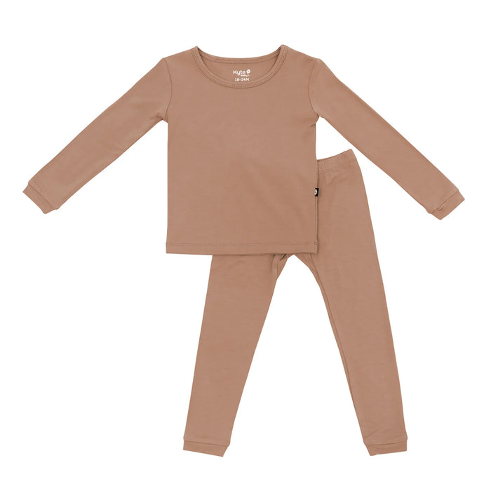 long sleeve children's pajama shirt and matching pants in tan latte