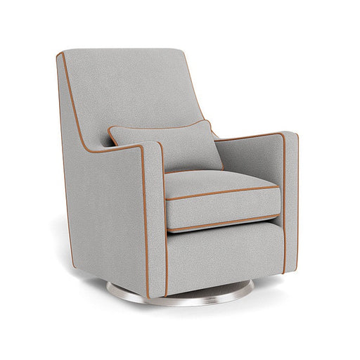 Modern Nursery Chair - Luca Glider in Cloud Grey Fabric with Tan Enviroleather on a Stainless Steel Swivel 