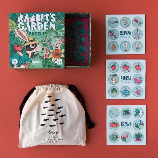 caption-Rabbit's Garden Puzzle includes 24 observation pieces and 24 Puzzle Pieces plus a cloth bag