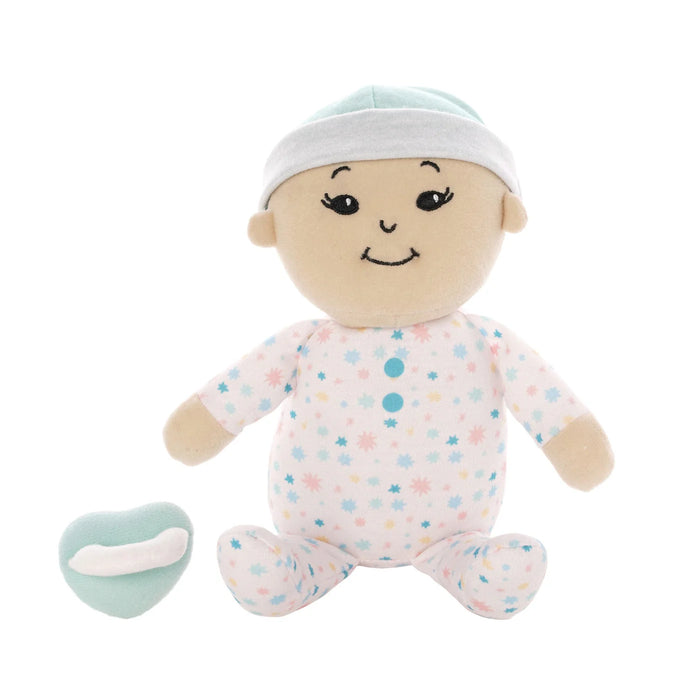Plush baby toy with a pacifier on a white background