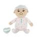 Plush baby toy with a pacifier on a white background