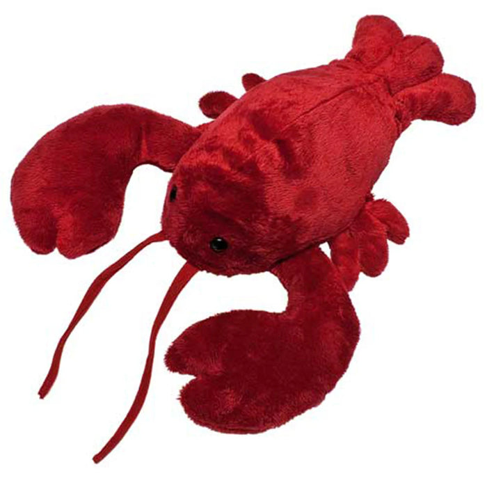 Red plush lobster toy on a white background