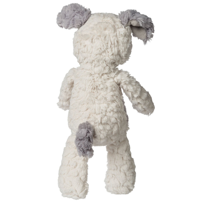 plush dog with white body and grey tail and grey ears on white background