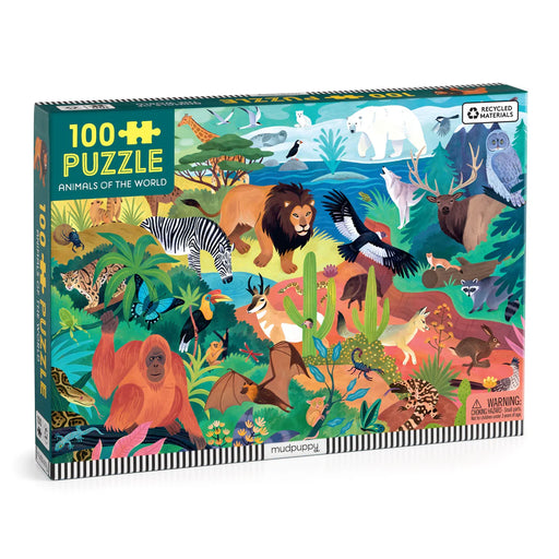 Puzzle box featuring illustrations of animals from around the world on a colorful background.