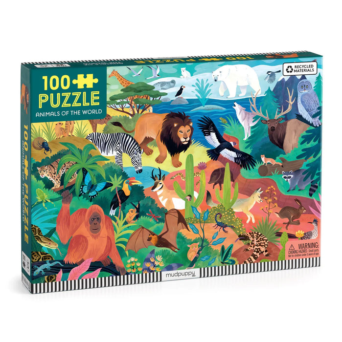 Puzzle box featuring illustrations of animals from around the world on a colorful background.