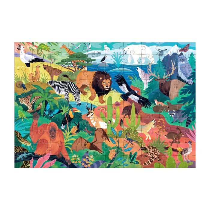 Colorful animal-themed puzzle with various animals on a white background