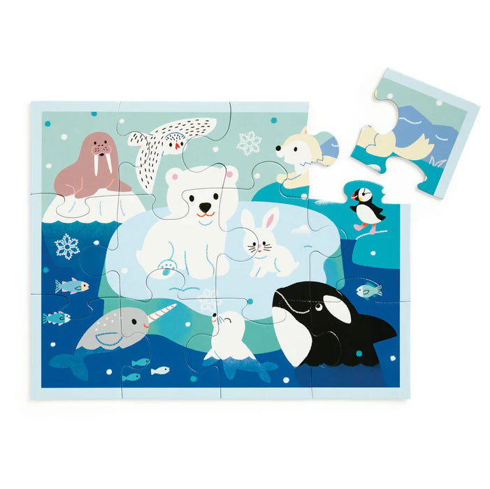 Children's puzzle with Arctic animals on a blue background