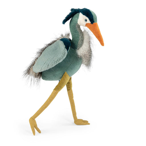 Stuffed toy heron with a blue head orange beak and yellow legs on a white background