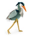 Stuffed toy heron with a blue head orange beak and yellow legs on a white background