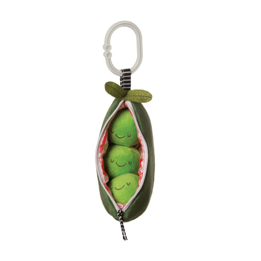 Plush toy of peas in a pod with a keychain on a white background