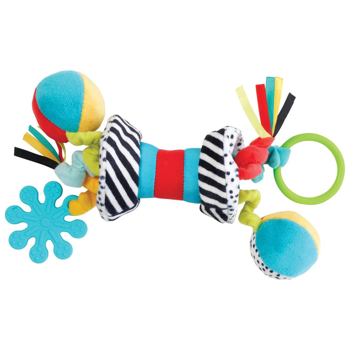Colorful baby toy with various textures and shapes on a white background