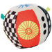 Colorful plush ball with geometric patterns on a white background