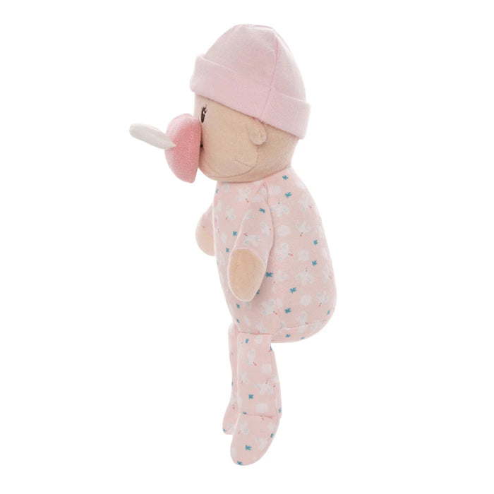 Plush baby toy with pink outfit and hat on a white background