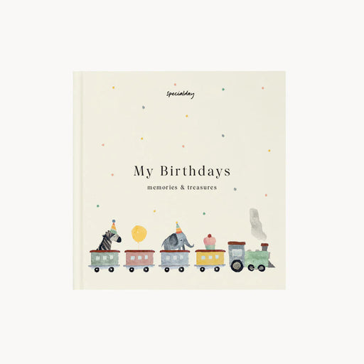 Book titled 'My Birthdays: Memories & Treasures' with illustrations of animals on a train, on a light beige background.