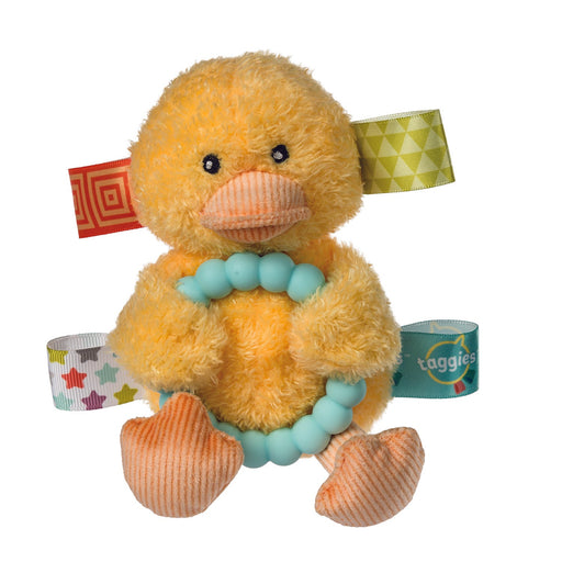 A yellow plush duck baby toy with colourful ribbon tags