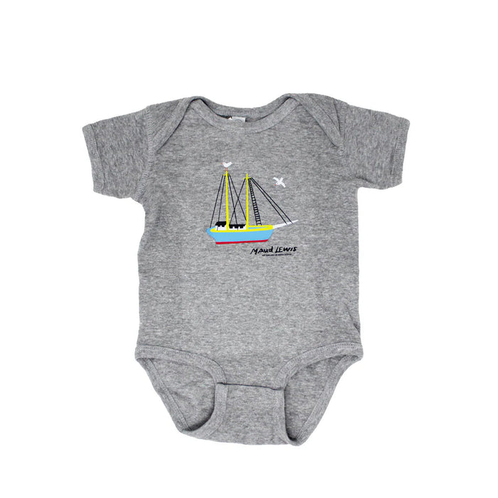 Gray baby onesie with Maud Lewis inspired artwork of sailboat design on a white background