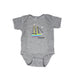 Gray baby onesie with Maud Lewis inspired artwork of sailboat design on a white background