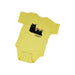 Yellow baby onesie with Maud Lewis artwork of Three Black Cats on a white background