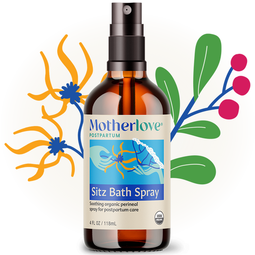 Motherlove Sitz Bath Spray bottle with colorful floral illustrations on a white background